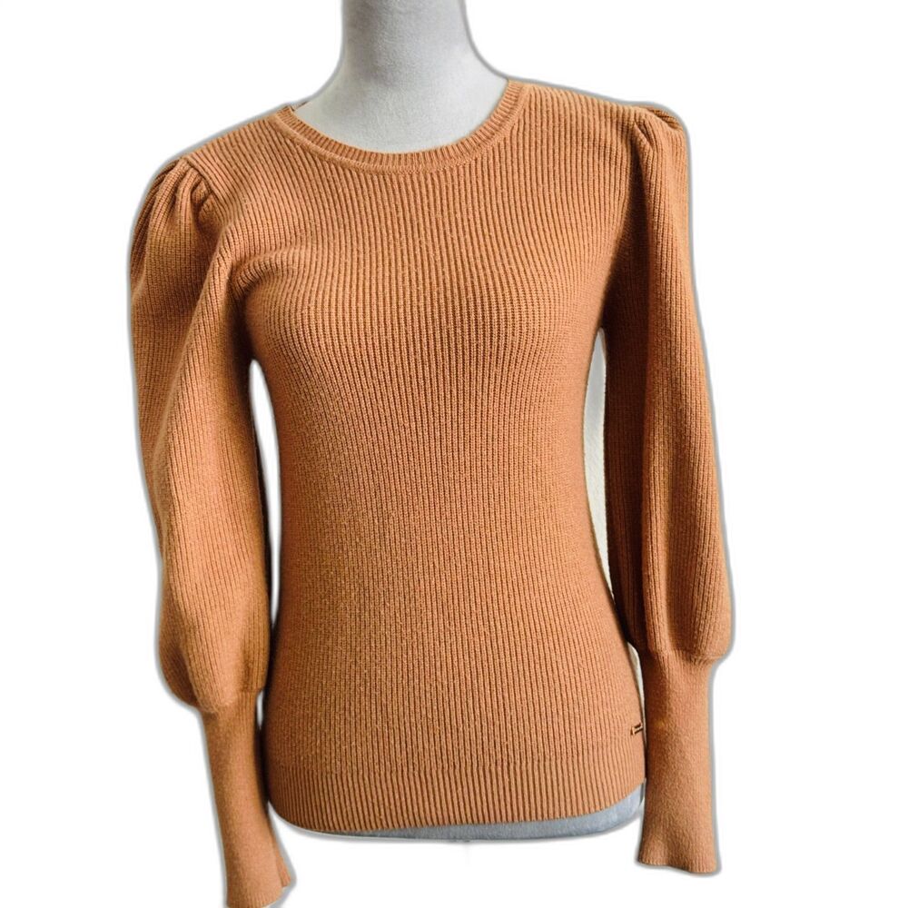 T Tahari Sweater Womens L Camel Ribbed Puff Sleeve Crewneck Stretch Knit